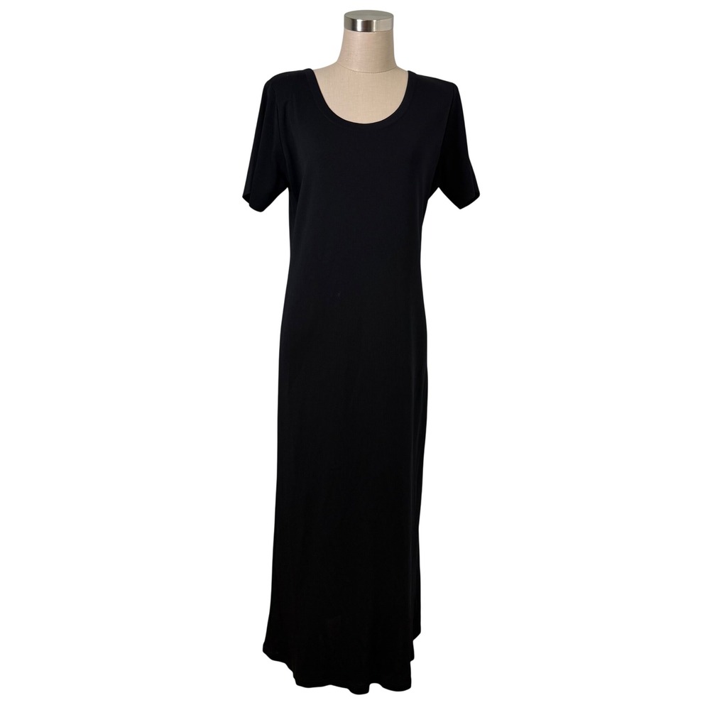 Exclusively Misook Black Knit Maxi Dress Short Sleeve Scoop Neck Side Slit Small